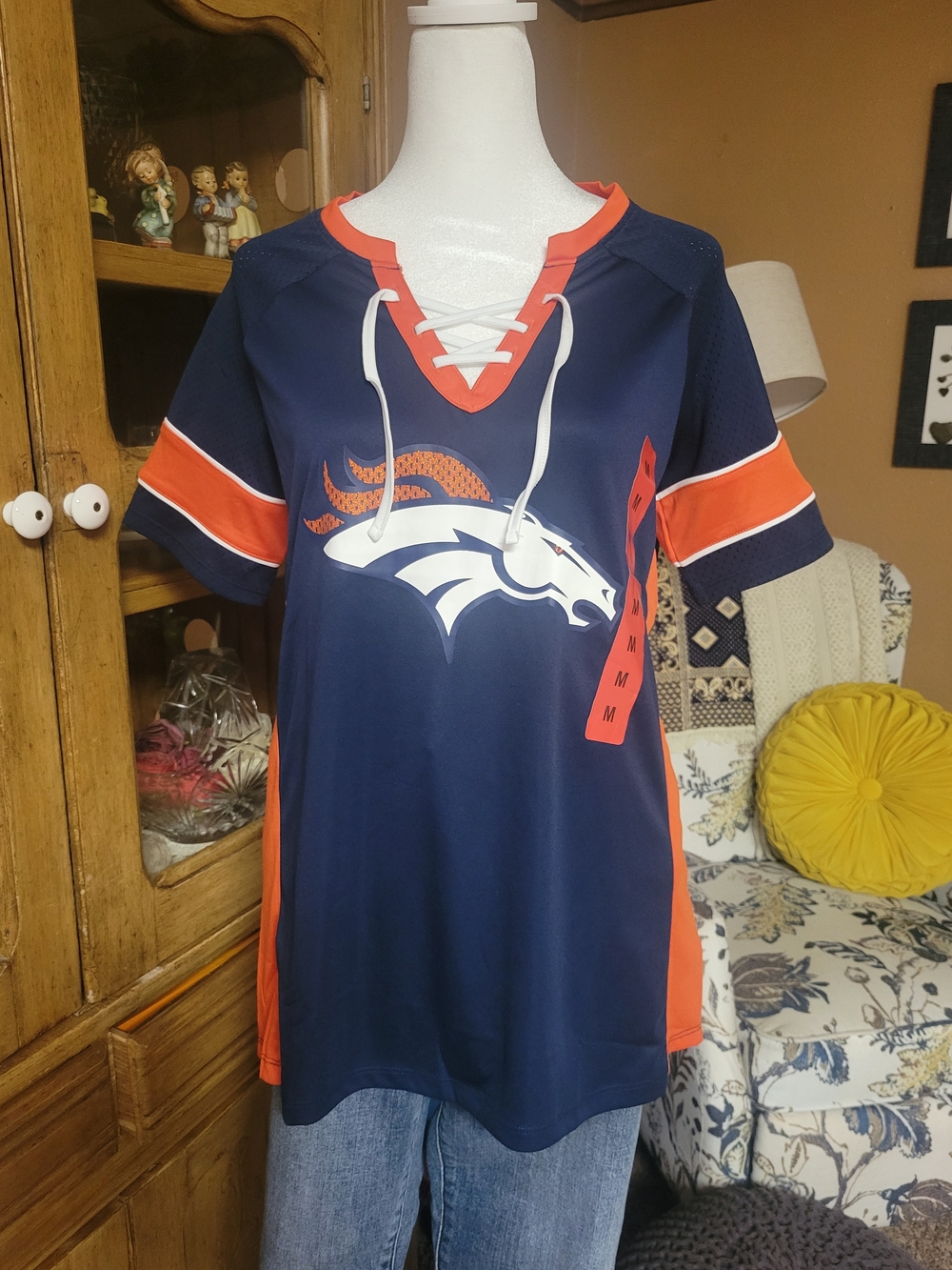 NWT Denver Broncos NFL Team Apparel Lace-Up Game Jersey Top Women's Medium